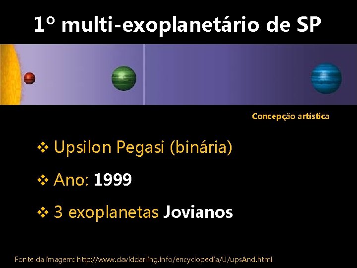 1º multi-exoplanetário de SP Concepção artística v Upsilon Pegasi (binária) v Ano: 1999 v