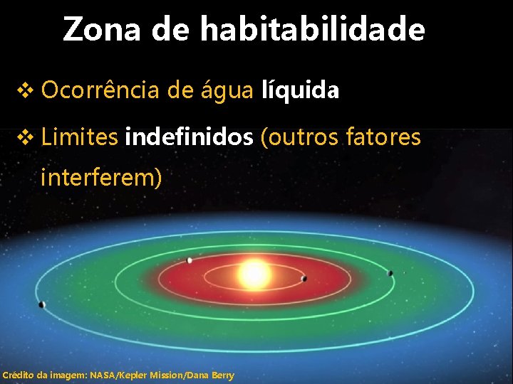 Zona de habitabilidade v Ocorrência de água líquida v Limites indefinidos (outros fatores interferem)