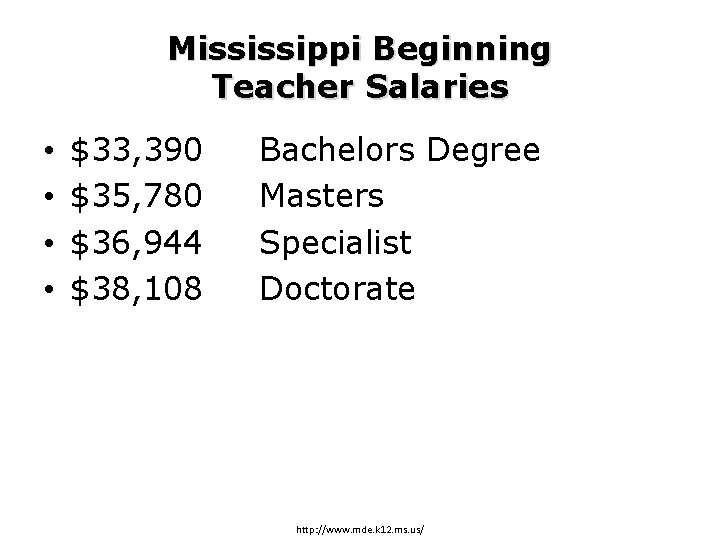 Mississippi Beginning Teacher Salaries • • $33, 390 $35, 780 $36, 944 $38, 108