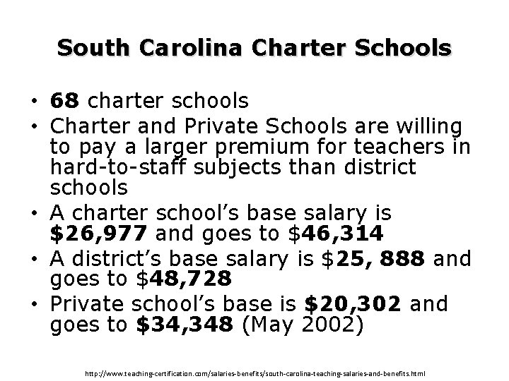 South Carolina Charter Schools • 68 charter schools • Charter and Private Schools are