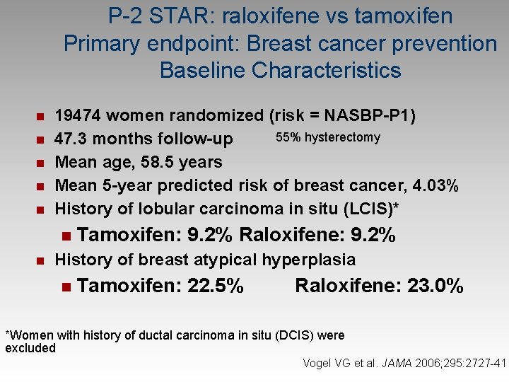 P-2 STAR: raloxifene vs tamoxifen Primary endpoint: Breast cancer prevention Baseline Characteristics n n