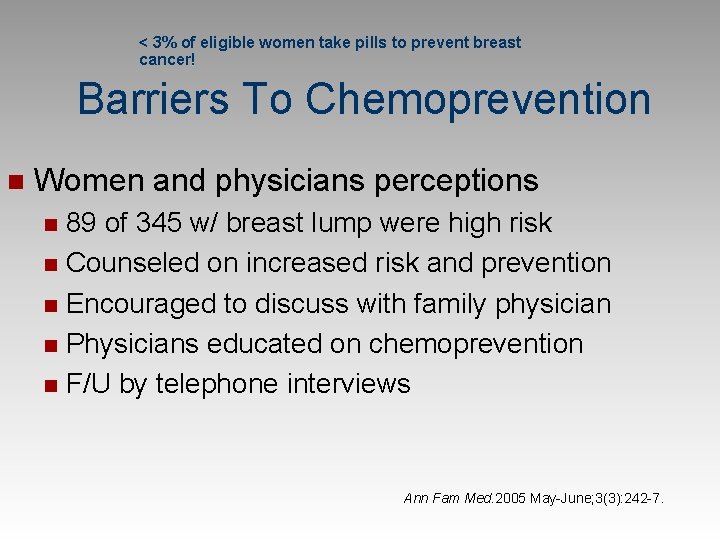 < 3% of eligible women take pills to prevent breast cancer! Barriers To Chemoprevention