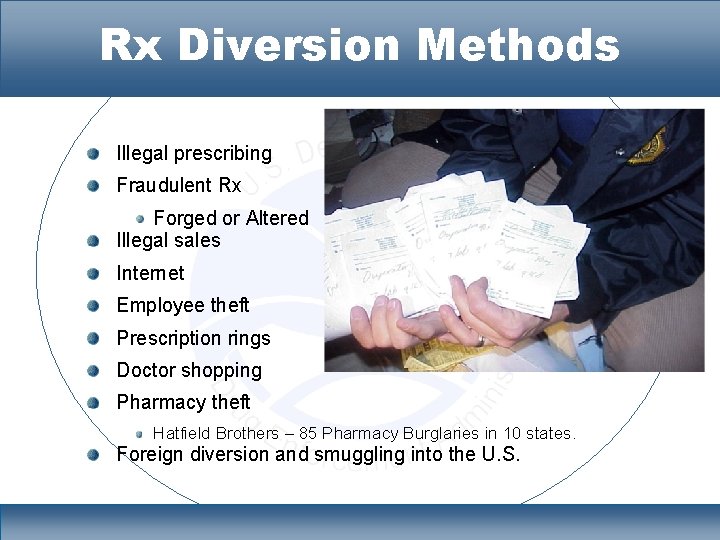 Rx Diversion Methods Illegal prescribing Fraudulent Rx Forged or Altered Illegal sales Internet Employee