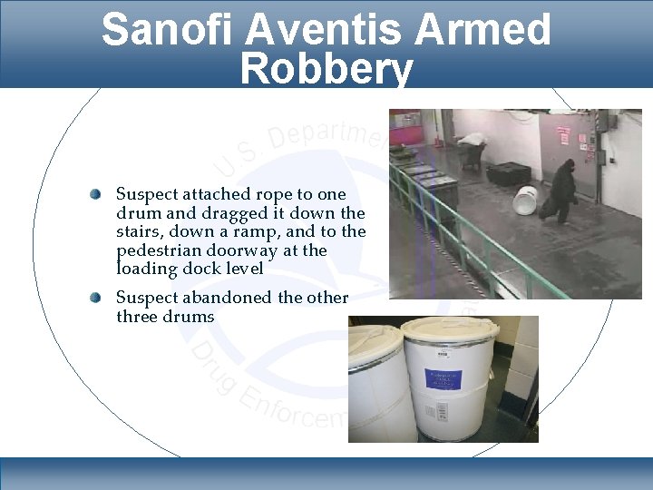 Sanofi Aventis Armed Robbery Suspect attached rope to one drum and dragged it down