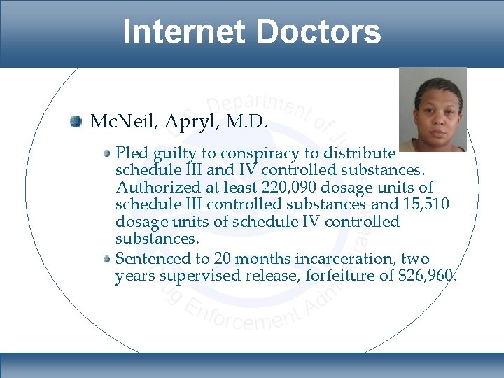 Internet Doctors Mc. Neil, Apryl, M. D. Pled guilty to conspiracy to distribute schedule