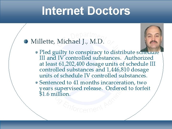 Internet Doctors Millette, Michael J. , M. D. Pled guilty to conspiracy to distribute