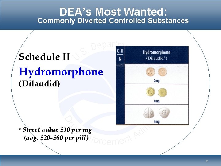 DEA’s Most Wanted: Commonly Diverted Controlled Substances Schedule II Hydromorphone (Dilaudid) * Street value