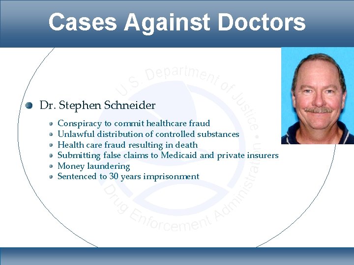 Cases Against Doctors Dr. Stephen Schneider Conspiracy to commit healthcare fraud Unlawful distribution of