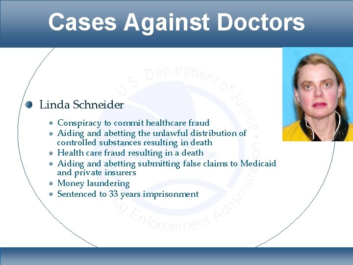 Cases Against Doctors Linda Schneider Conspiracy to commit healthcare fraud Aiding and abetting the