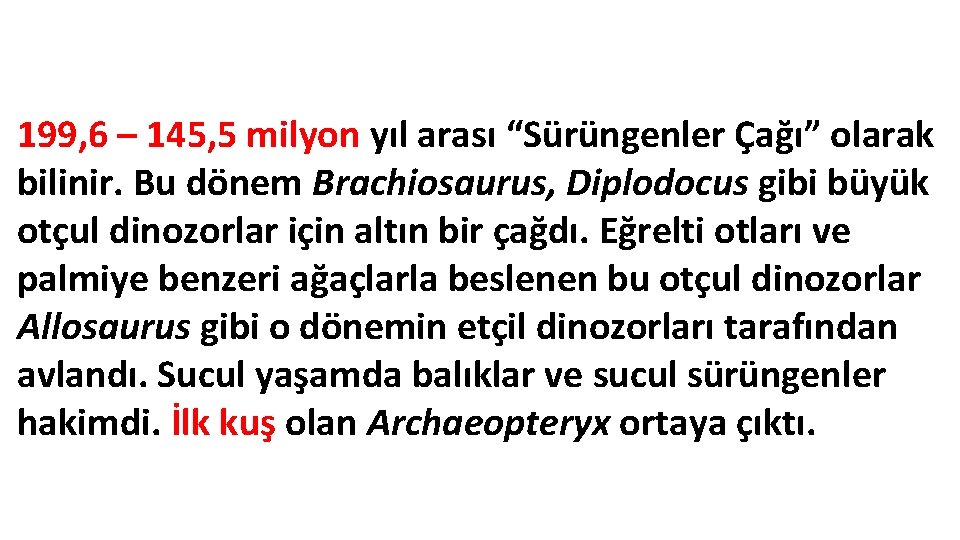 199, 6 – 145, 5 milyon yıl arası “Sürüngenler Çağı” olarak bilinir. Bu dönem