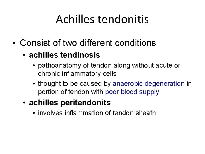 Achilles tendonitis • Consist of two different conditions • achilles tendinosis • pathoanatomy of