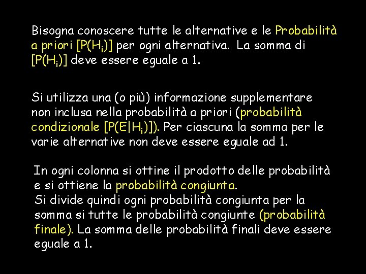 Bisogna conoscere tutte le alternative e le Probabilità a priori [P(Hi)] per ogni alternativa.