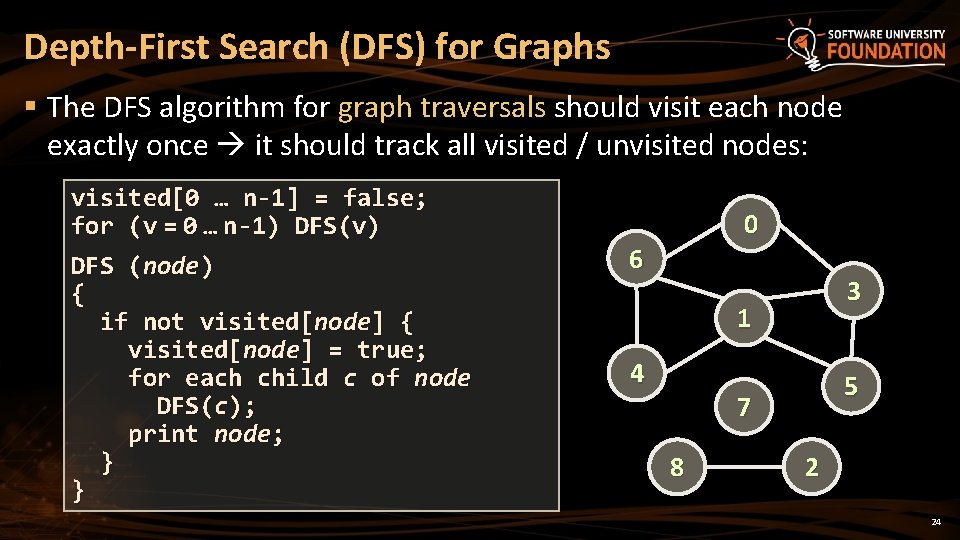 Depth-First Search (DFS) for Graphs § The DFS algorithm for graph traversals should visit