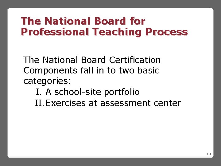 The National Board for Professional Teaching Process The National Board Certification Components fall in