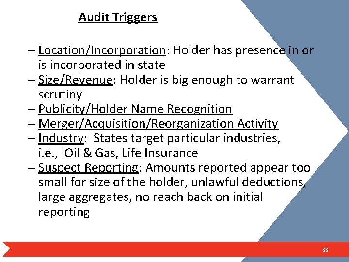 Audit Triggers – Location/Incorporation: Holder has presence in or is incorporated in state –