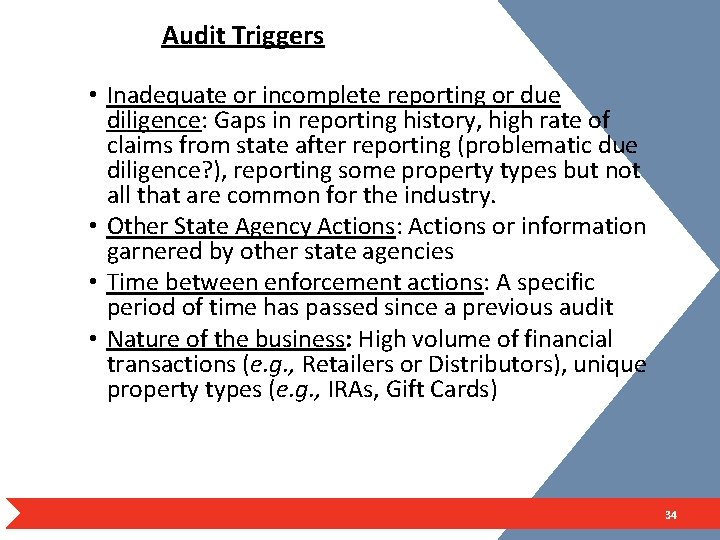 Audit Triggers • Inadequate or incomplete reporting or due diligence: Gaps in reporting history,