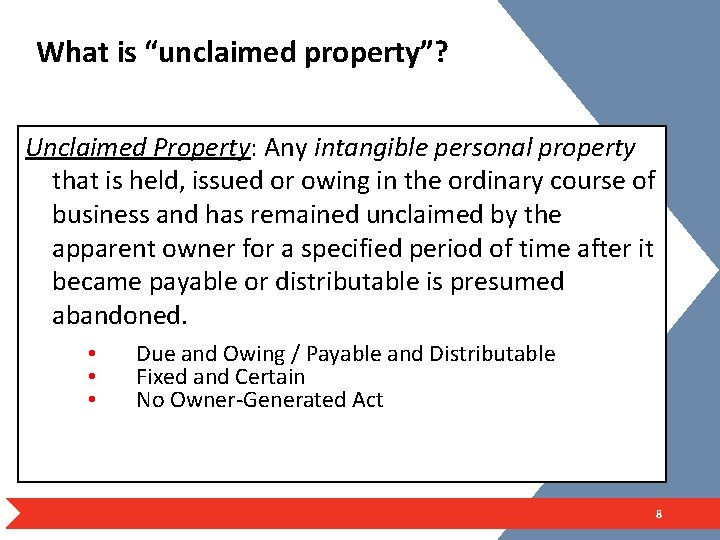 What is “unclaimed property”? Unclaimed Property: Any intangible personal property that is held, issued