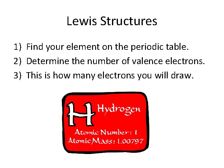 Lewis Structures 1) Find your element on the periodic table. 2) Determine the number