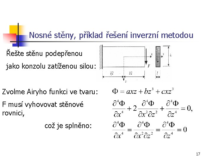 Nosné stěny, příklad řešení inverzní metodou Řešte stěnu podepřenou jako konzolu zatíženou silou: Zvolme