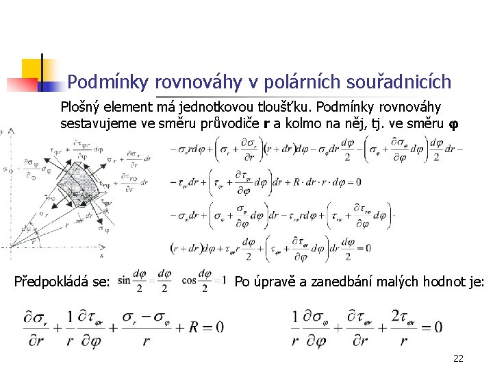 Podmínky rovnováhy v polárních souřadnicích Plošný element má jednotkovou tloušťku. Podmínky rovnováhy sestavujeme ve