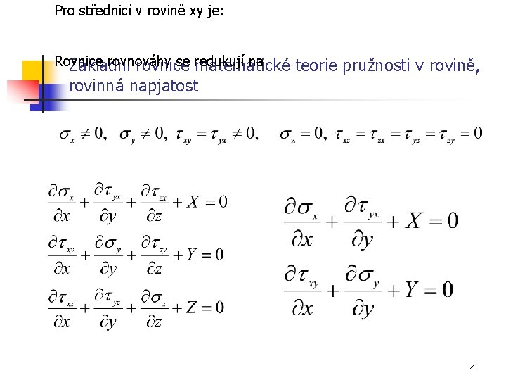 Pro střednicí v rovině xy je: Rovnice rovnováhy se redukují na Základní rovnice matematické