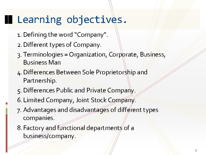 Learning objectives. 1. Defining the word “Company”. 2. Different types of Company. 3. Terminologies