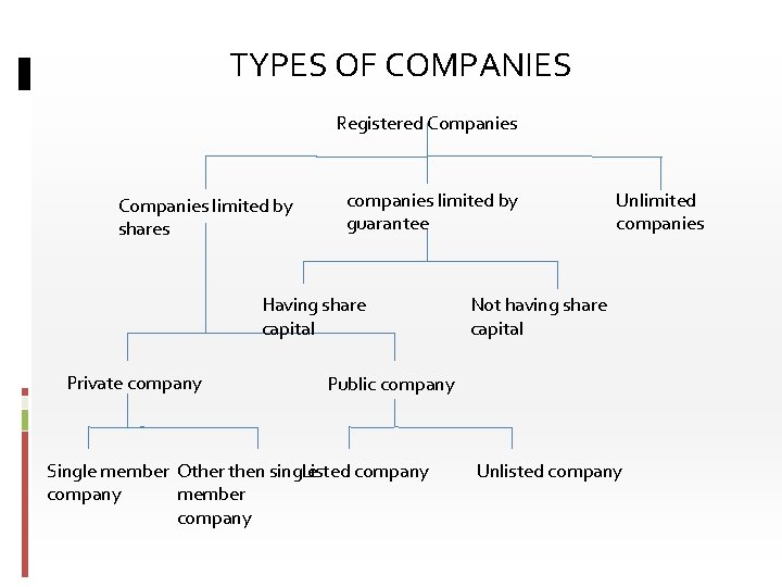 TYPES OF COMPANIES Registered Companies limited by shares companies limited by guarantee Having share