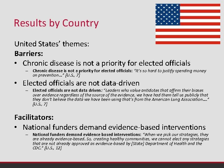 Results by Country United States’ themes: Barriers: • Chronic disease is not a priority