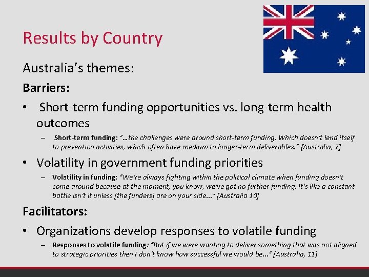 Results by Country Australia’s themes: Barriers: • Short-term funding opportunities vs. long-term health outcomes