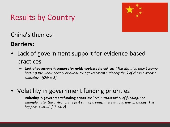 Results by Country China’s themes: Barriers: • Lack of government support for evidence-based practices