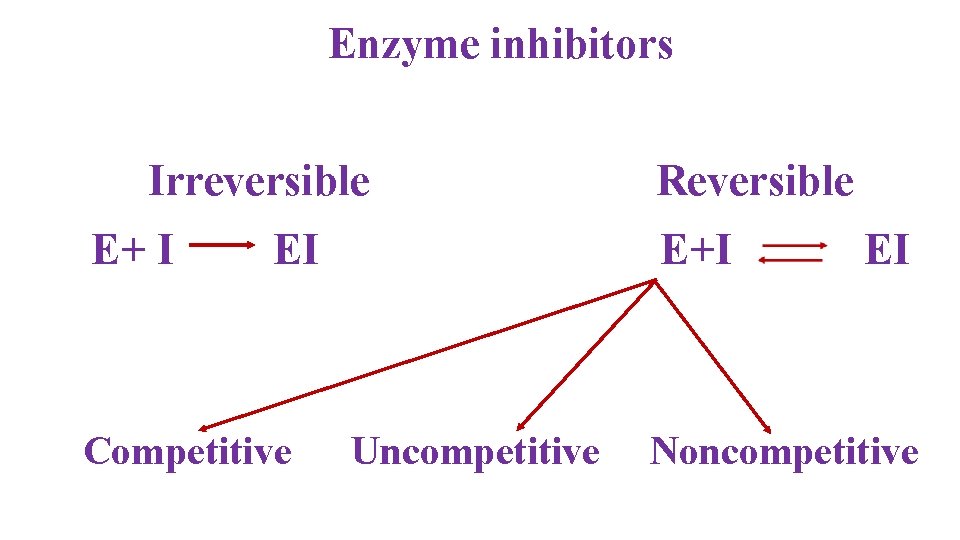 Enzyme inhibitors Irreversible E+ I EI Competitive Reversible E+I Uncompetitive EI Noncompetitive 