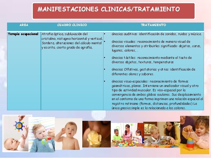 MANIFESTACIONES CLINICAS/TRATAMIENTO AREA Terapia ocupacional CUADRO CLINICO Atrofia óptica, subluxación del • cristalino, nistagmo