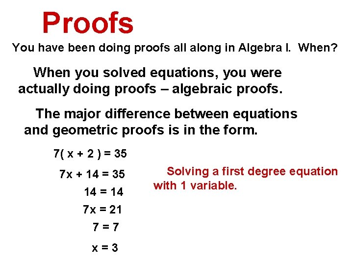 Proofs You have been doing proofs all along in Algebra I. When? When you