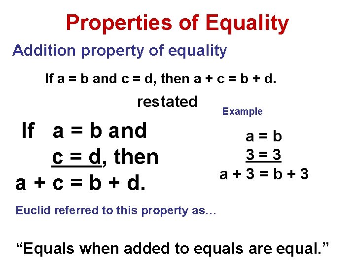 Properties of Equality Addition property of equality If a = b and c =