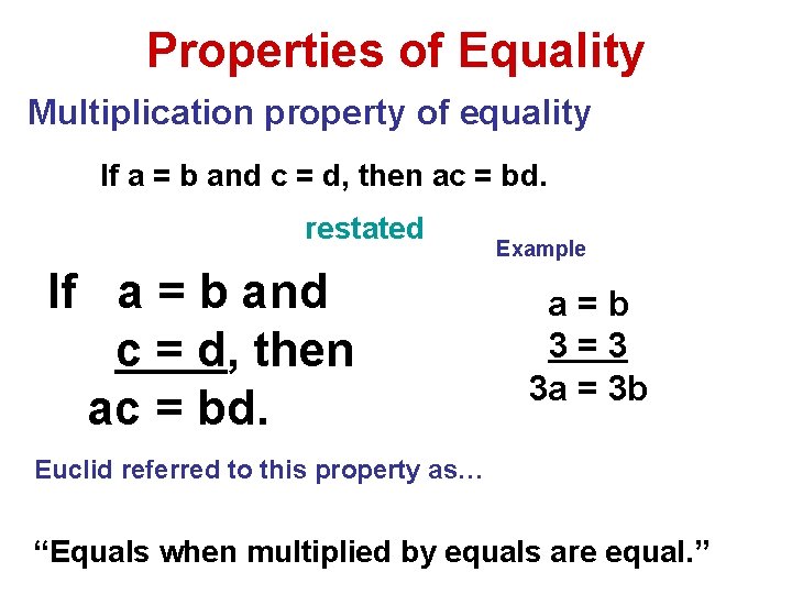 Properties of Equality Multiplication property of equality If a = b and c =