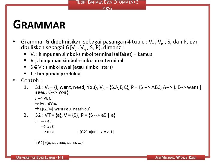 TEORI BAHASA DAN OTOMATA (3 SKS) GRAMMAR • Grammar G didefinisikan sebagai pasangan 4