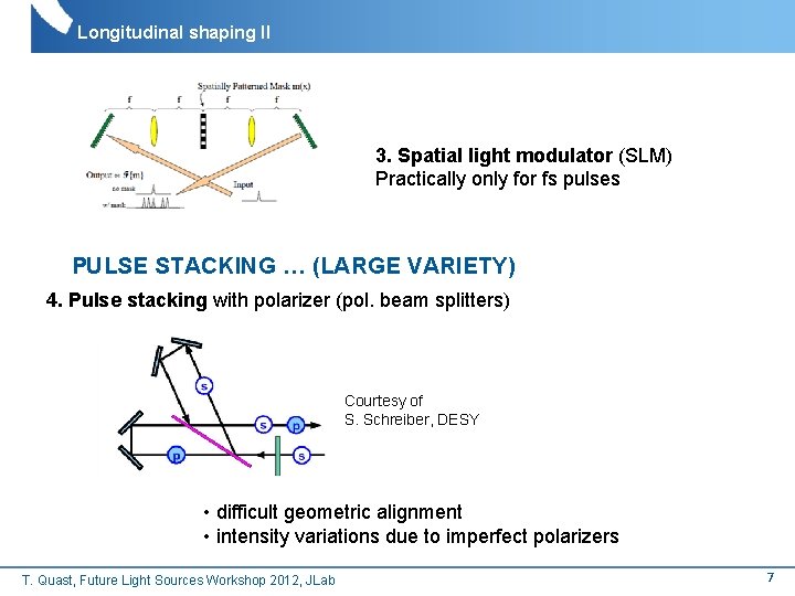 Longitudinal shaping II 3. Spatial light modulator (SLM) Practically only for fs pulses PULSE