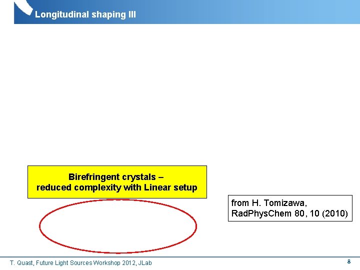 Longitudinal shaping III Birefringent crystals – reduced complexity with Linear setup from H. Tomizawa,