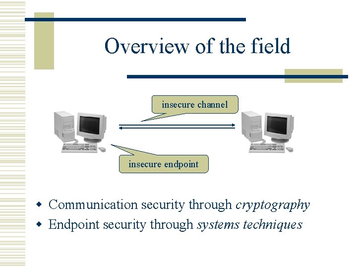 Overview of the field insecure channel insecure endpoint w Communication security through cryptography w
