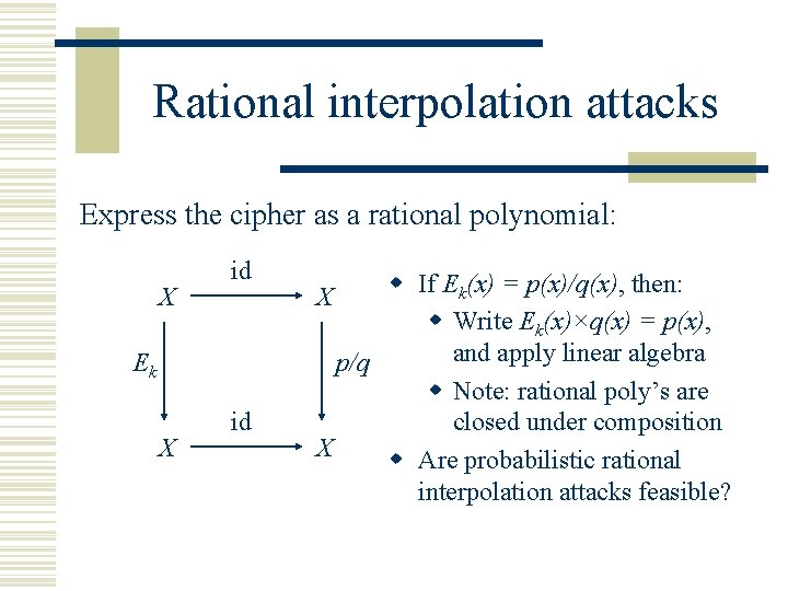 Rational interpolation attacks Express the cipher as a rational polynomial: X id Ek X