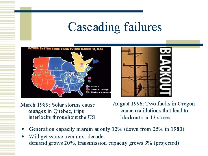 Cascading failures March 1989: Solar storms cause outages in Quebec, trips interlocks throughout the