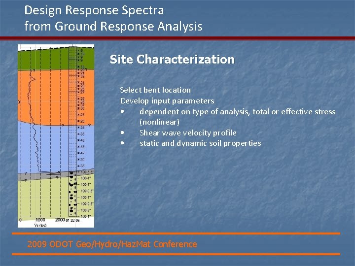 Design Response Spectra from Ground Response Analysis Site Characterization Select bent location Develop input