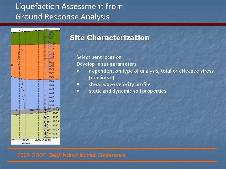 Liquefaction Assessment from Ground Response Analysis Site Characterization Select bent location Develop input parameters