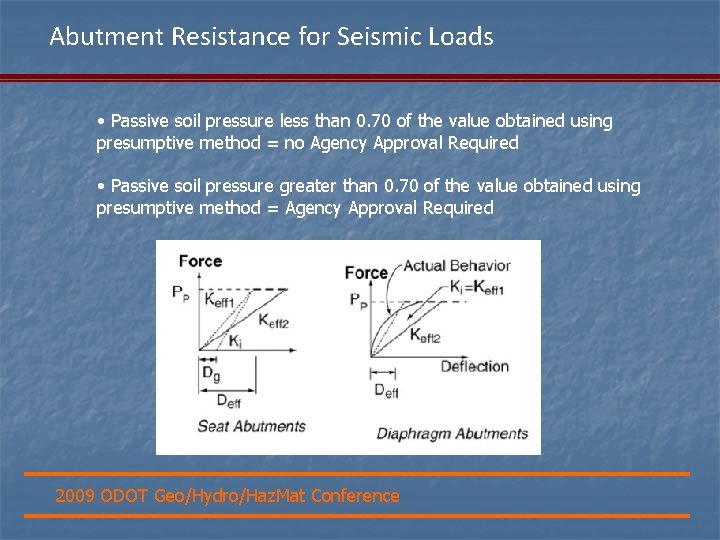Abutment Resistance for Seismic Loads • Passive soil pressure less than 0. 70 of