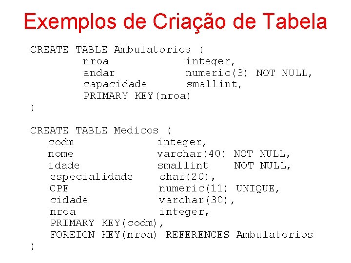 Exemplos de Criação de Tabela CREATE TABLE Ambulatorios ( nroa integer, andar numeric(3) NOT