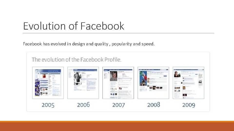 Evolution of Facebook has evolved in design and quality , popularity and speed. 