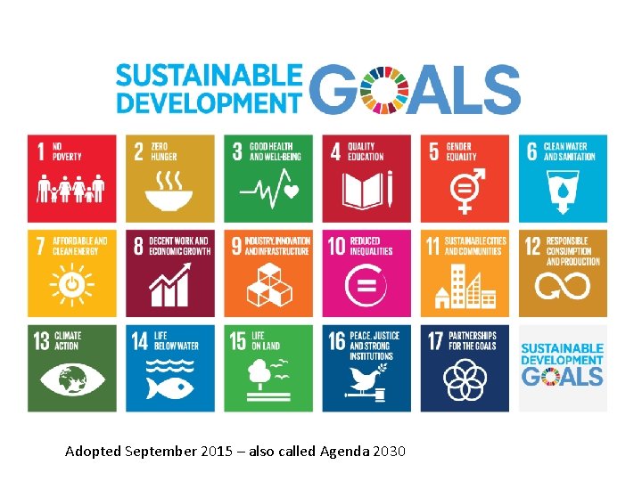 Adopted September 2015 – also called Agenda 2030 