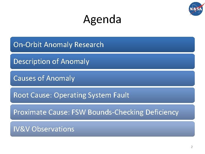 Agenda On-Orbit Anomaly Research Description of Anomaly Causes of Anomaly Root Cause: Operating System