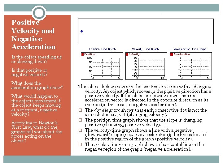 Positive Velocity and Negative Acceleration Is the object speeding up or slowing down? Is Positive Velocity and Negative Acceleration Is the object speeding up or slowing down? Is