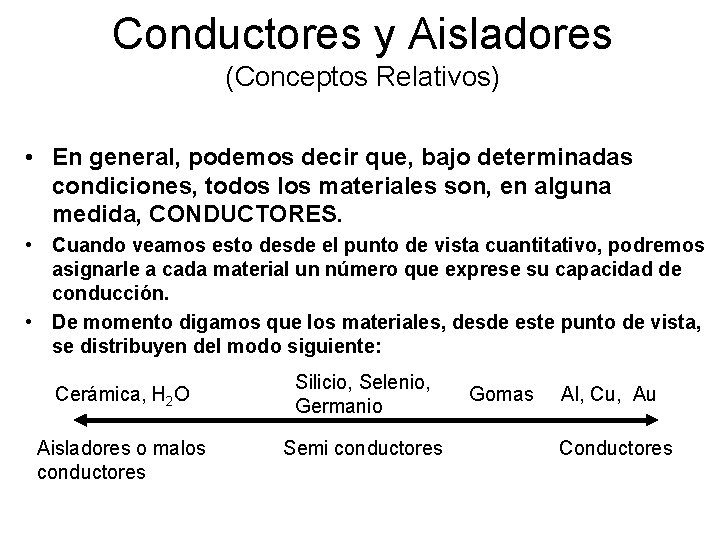 Conductores y Aisladores (Conceptos Relativos) • En general, podemos decir que, bajo determinadas condiciones, Conductores y Aisladores (Conceptos Relativos) • En general, podemos decir que, bajo determinadas condiciones,